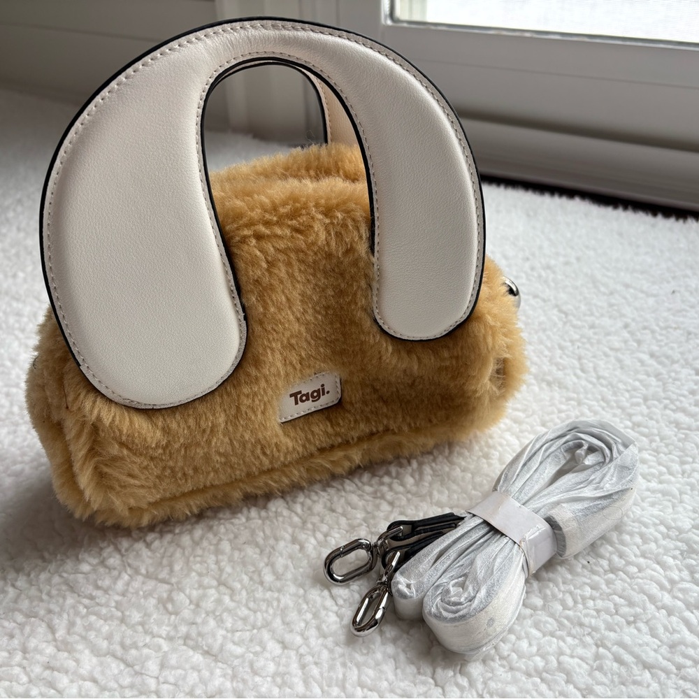 Tagi Designer ‘Call Me’ Fuzzy Faux Fur Tan and White Leather Handbag